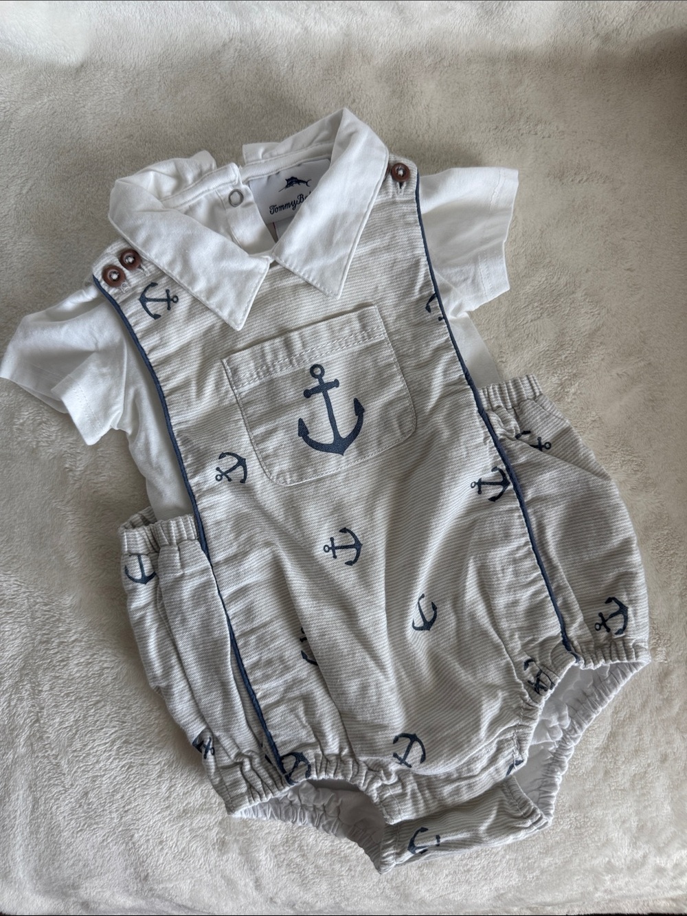 Matching Set: Tommy Bahama Anchor Bubble Romper with Collared Onsie + Bucket Hat